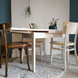 Set old wooden table with extension cords and 2 Thonet chairs