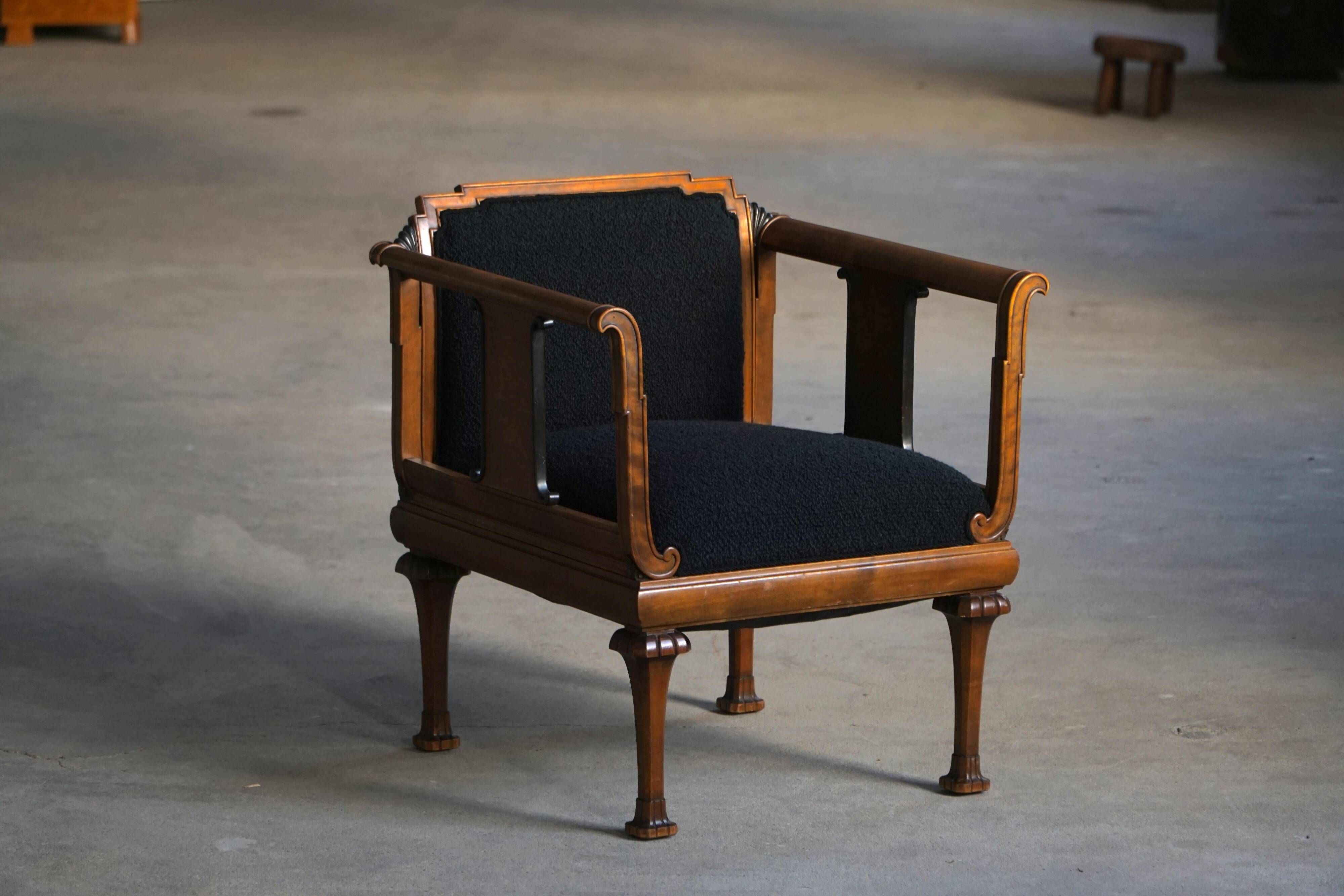 Early 20th century Danish Art Nouveau armchair, reupholstered in charcoal boucle.