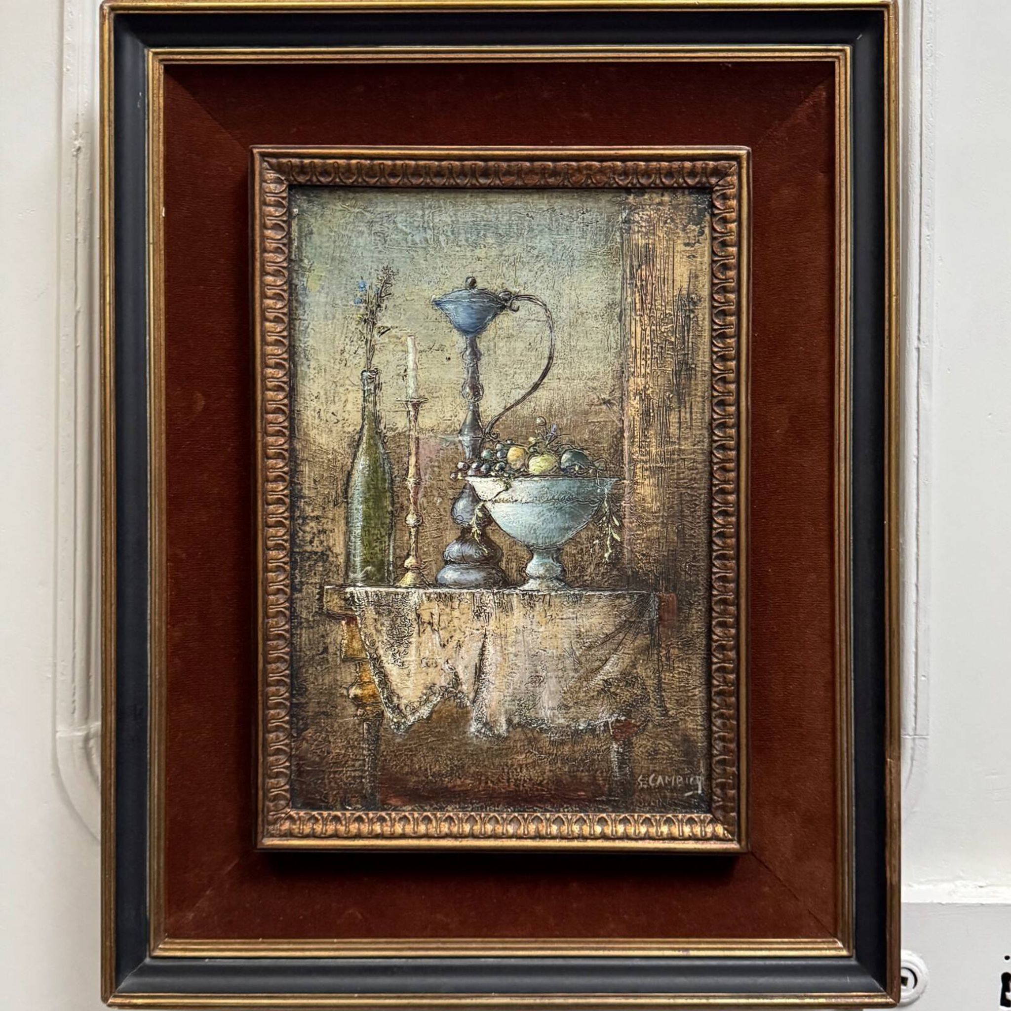 Oil on canvas still life with fruits, 20th century by Cambicq.