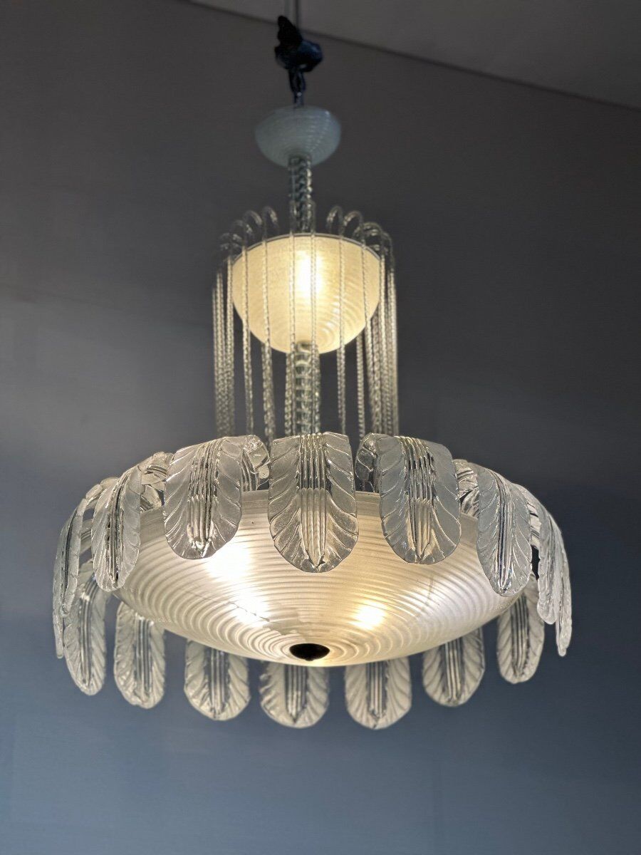 Lustre fontaine vénitien en verre de Murano incolore vert 1940