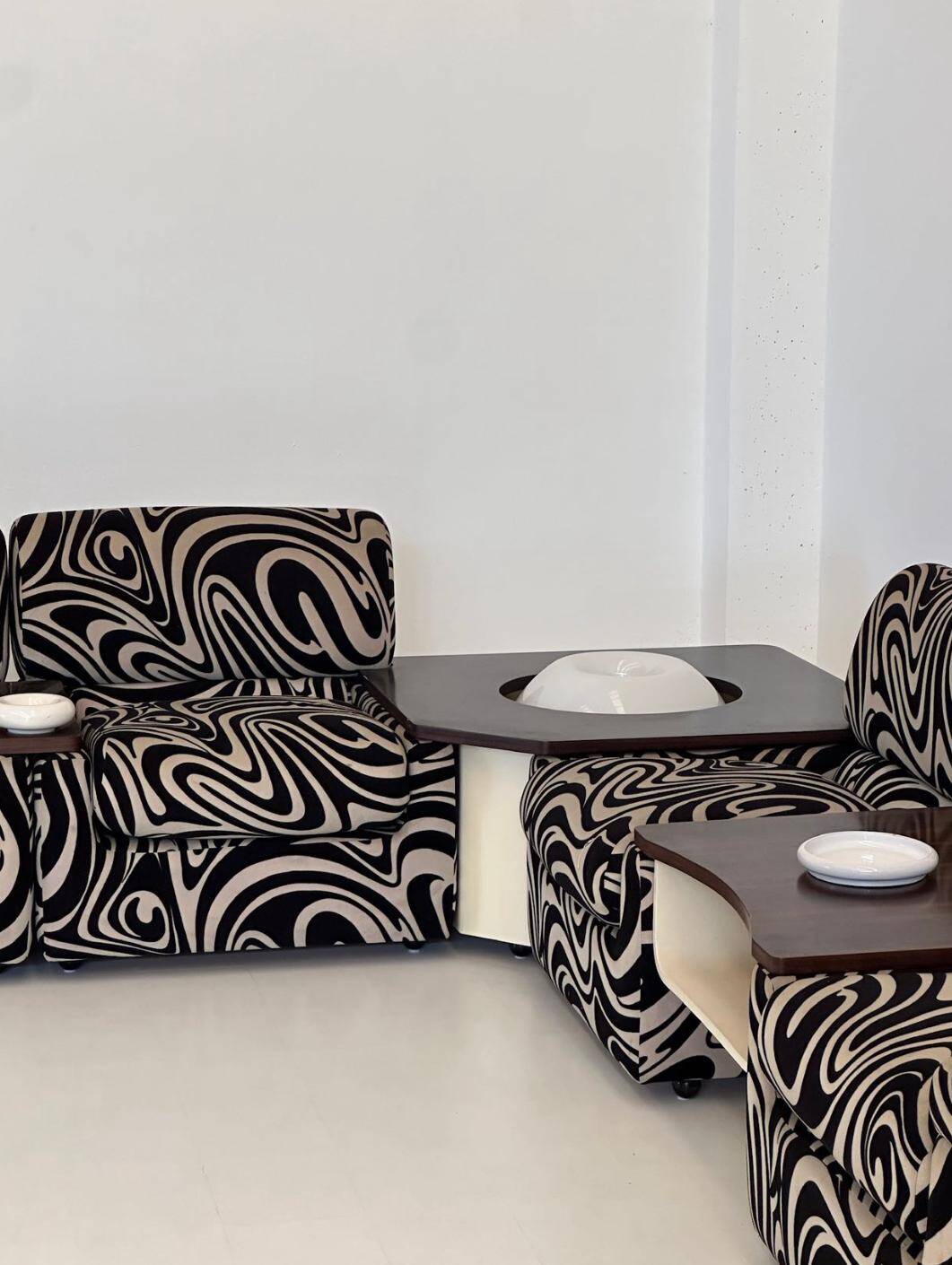Modular 70s sofa, reupholstered, with integrated table modules, sculptural