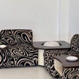 Modular 70s sofa, reupholstered, with integrated table modules, sculptural