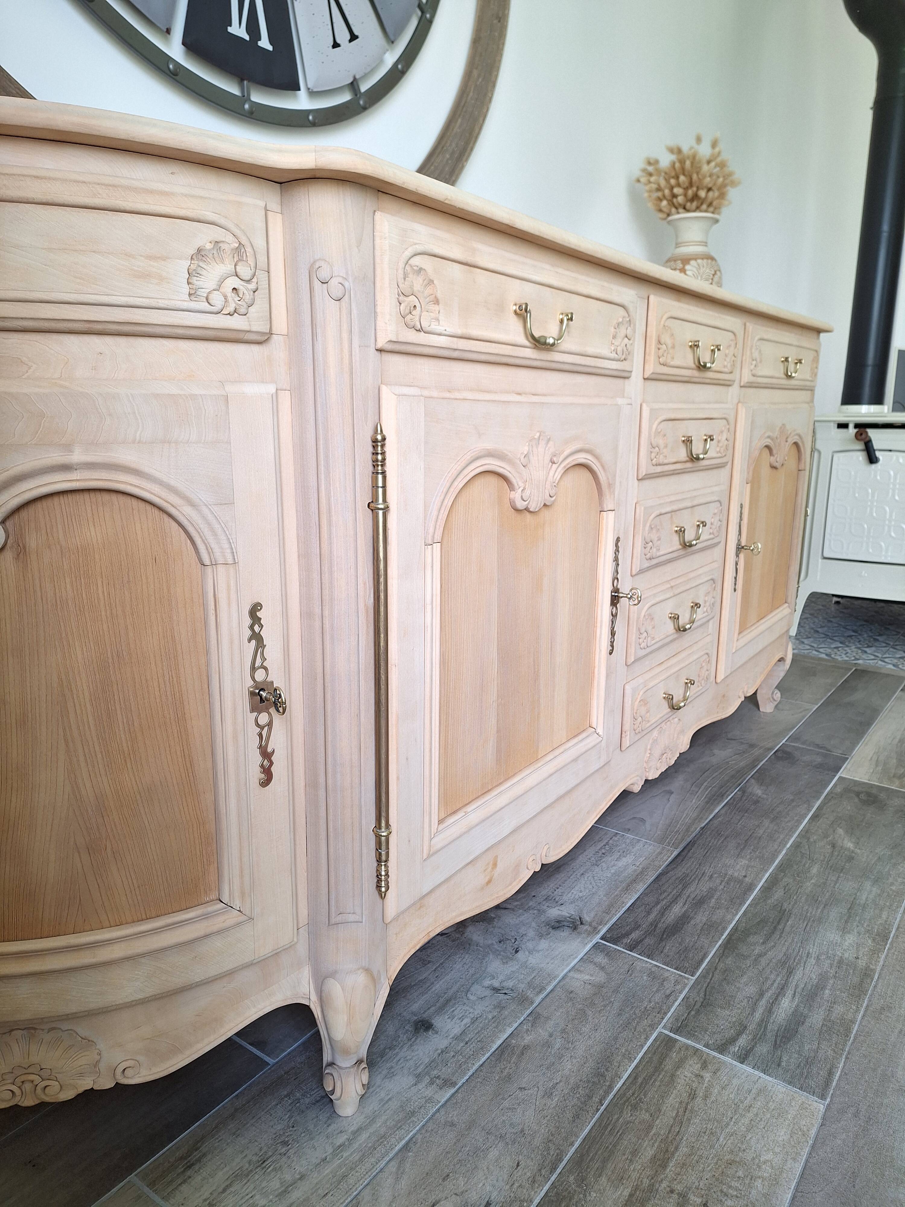 Low buffet in renovated solid cherry wood – Revisited Louis XV style – 250 cm