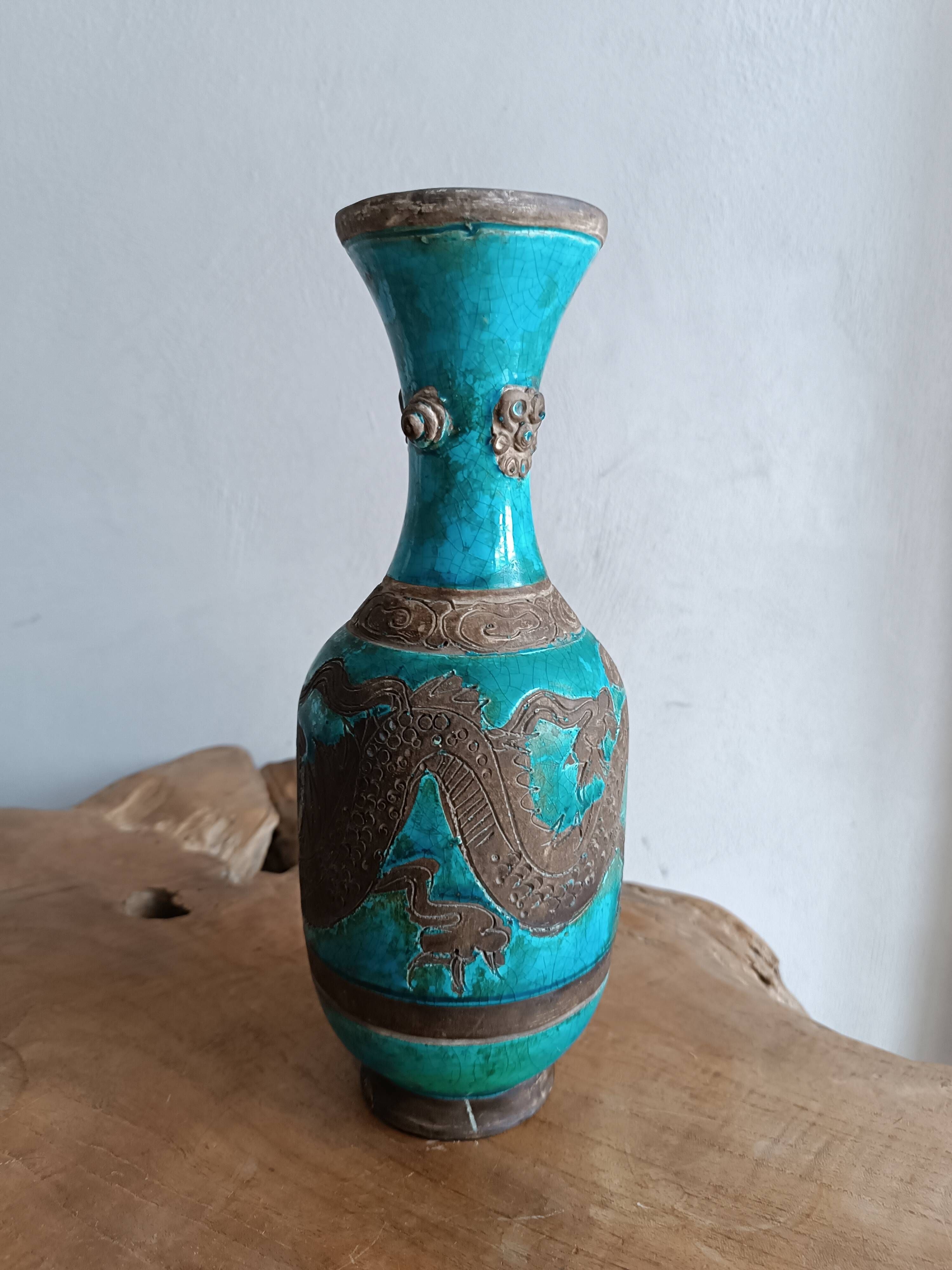 Ugo zaccagnini turquoise ceramic vase with dragon decoration