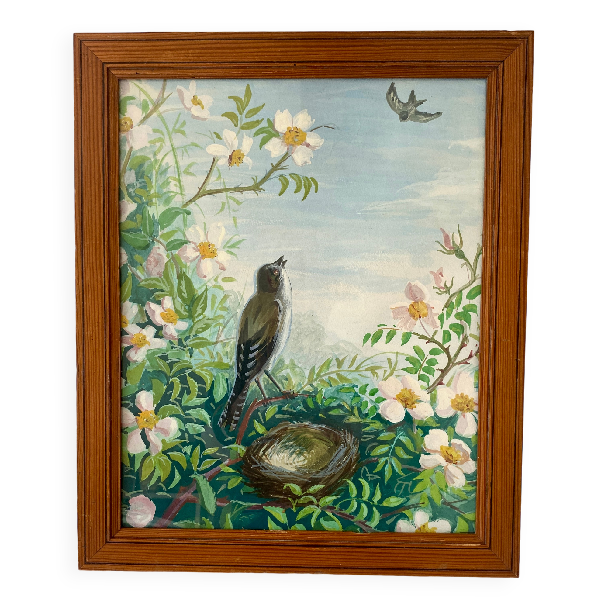 Acrylic drawing and varnished wooden frame