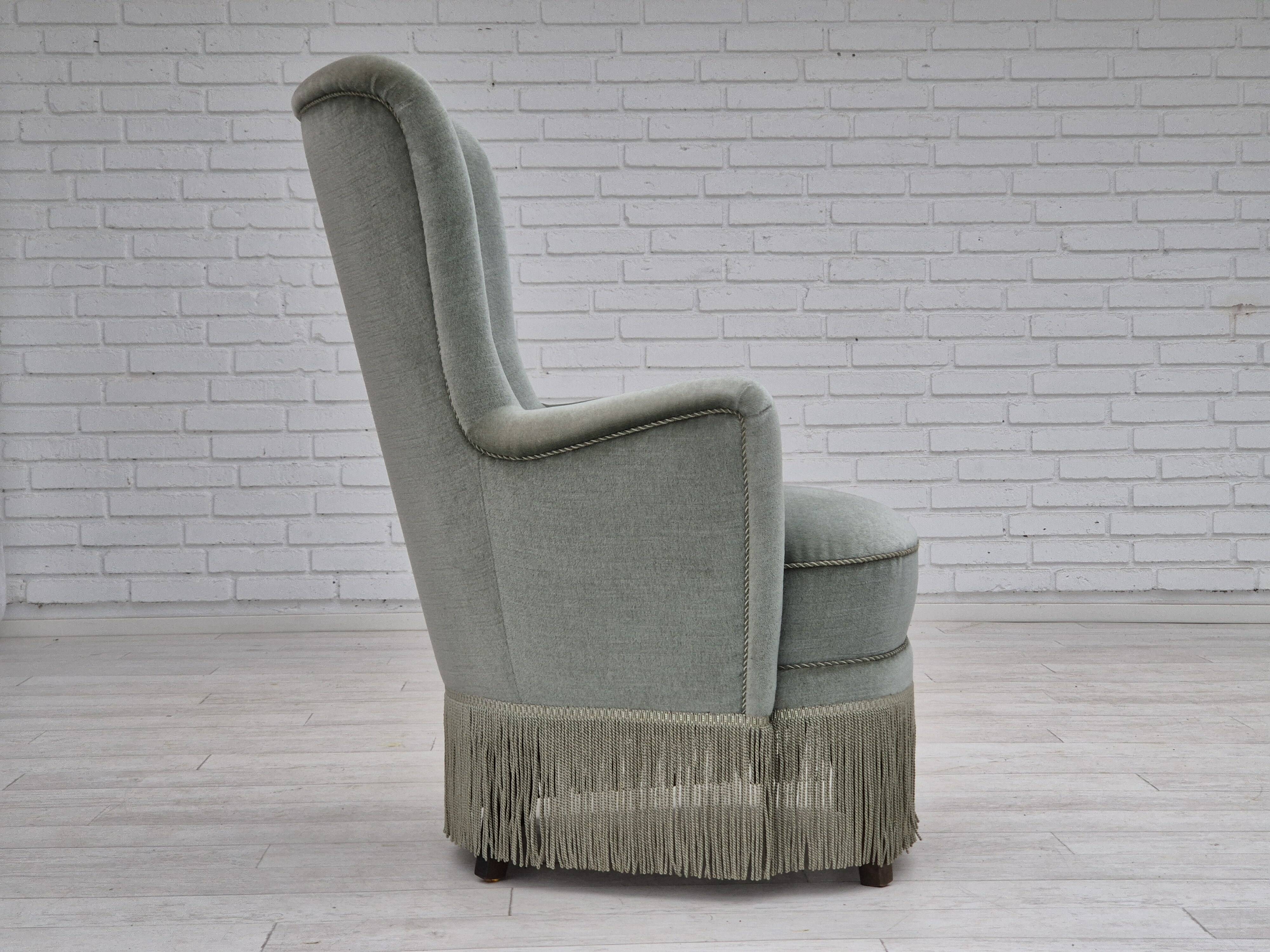 1970s, Danish armchair, original condition, furniture velour, beech wood legs.