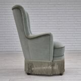 Fauteuil danois des années 1970, état d'origine, tissu d'ameublement velours, pieds en hêtre.