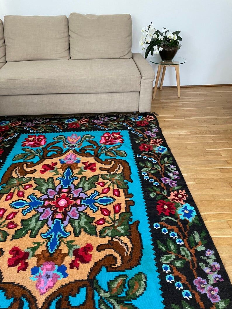 Vintage blue Moldavian rug with beautiful flowers, authentic Romanian handwoven rug 240x153cm