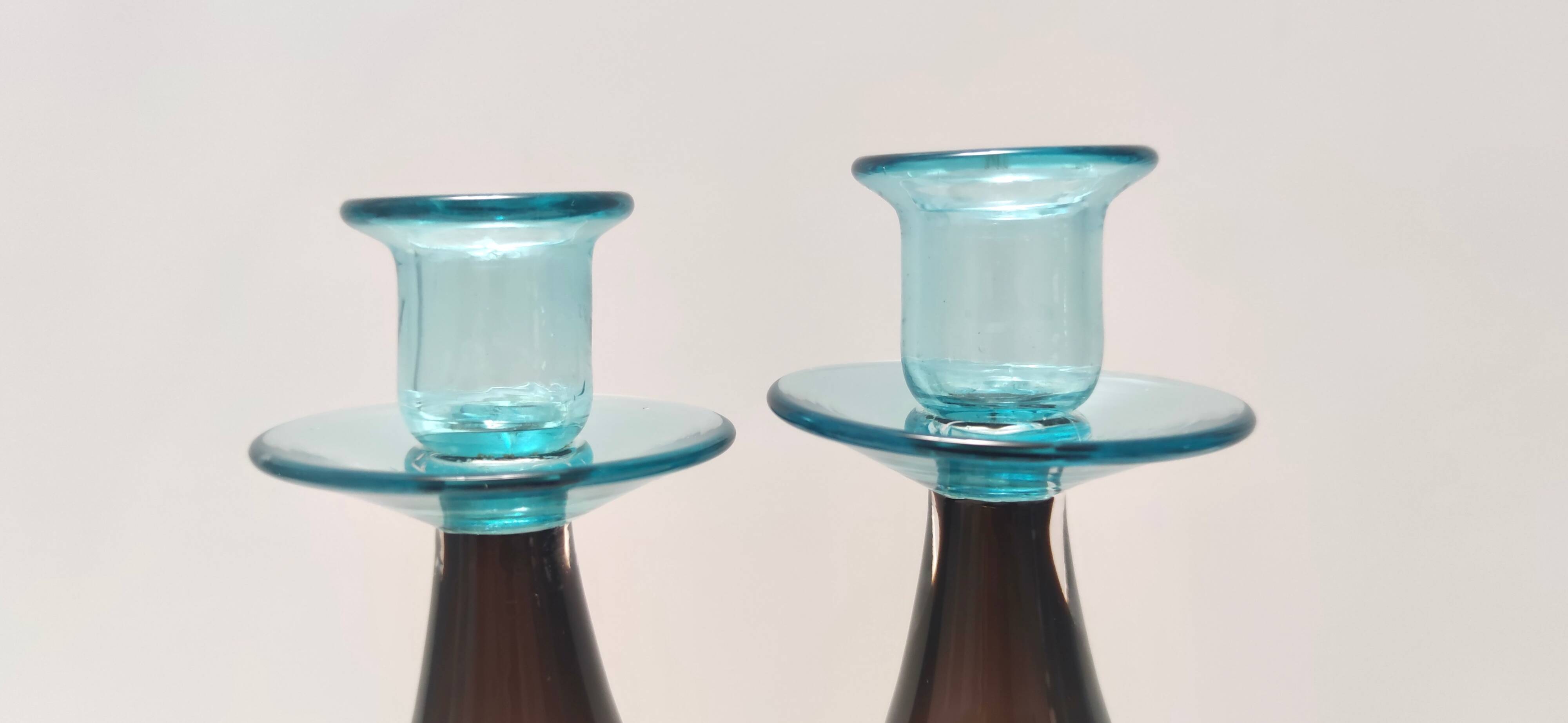 Pair of Brown and Aquamarine Murano Glass Candleholders, Italy