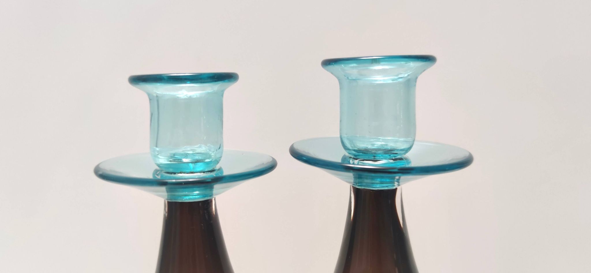Pair of Brown and Aquamarine Murano Glass Candleholders, Italy