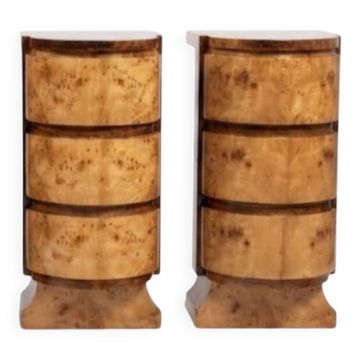 Pair of Art Deco bedside tables in beech, rosewood & elm burl.