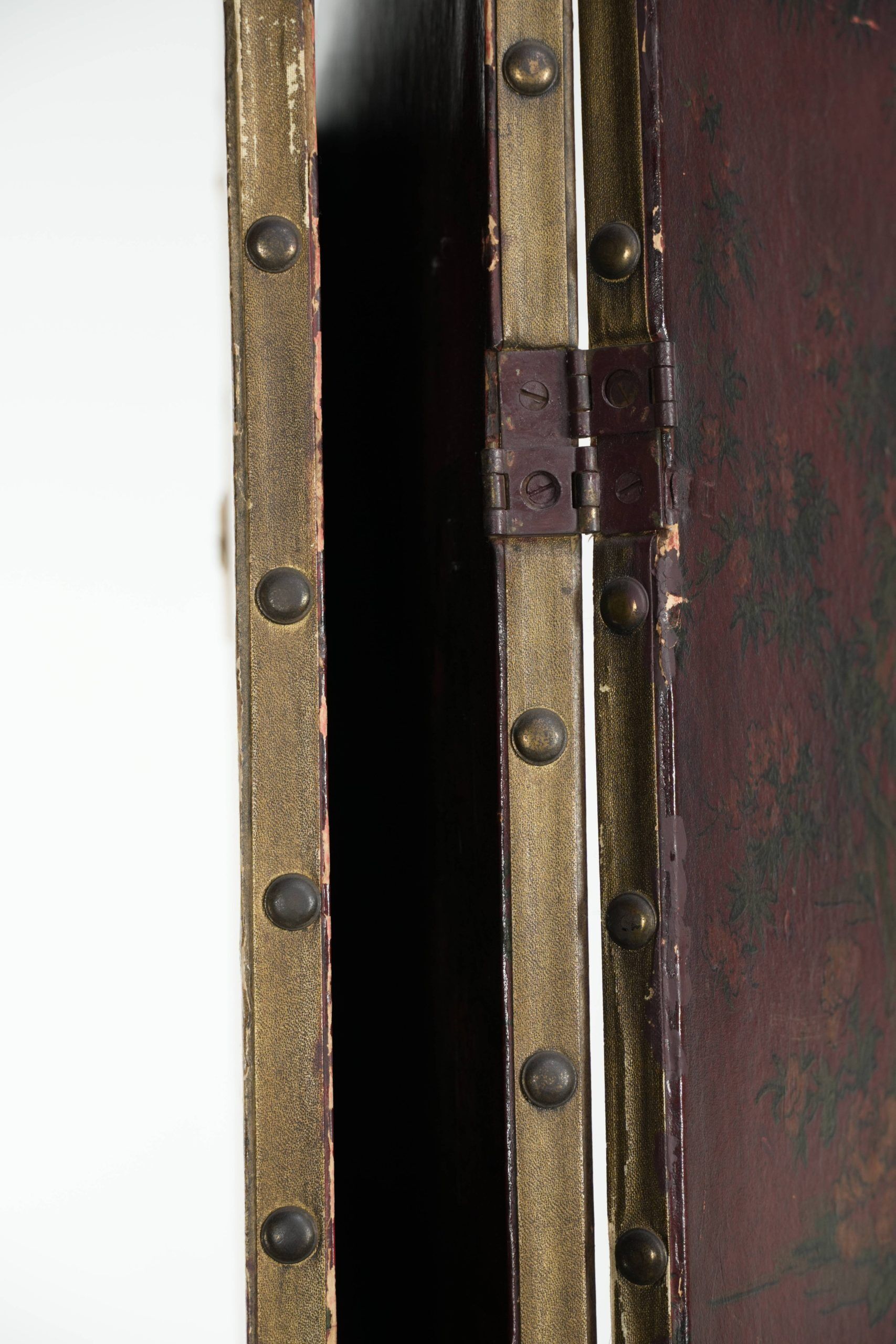 Antique English red leather hand-painted chinoiserie room divider/ screen