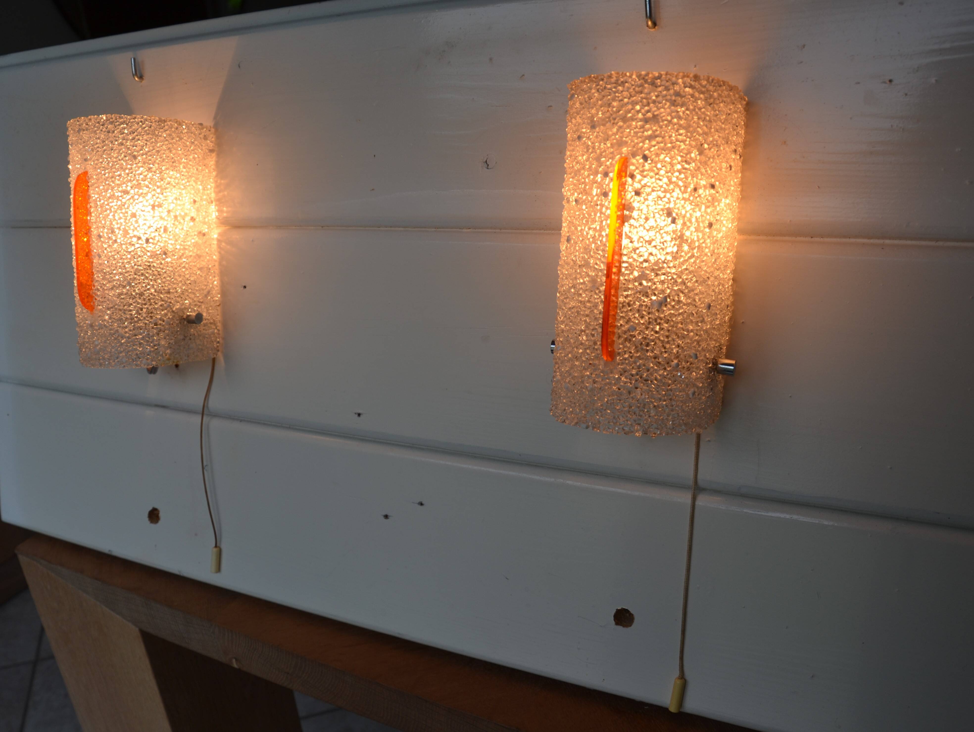 2 orange perspex and plexiglass wall lights from the 60s-70s.