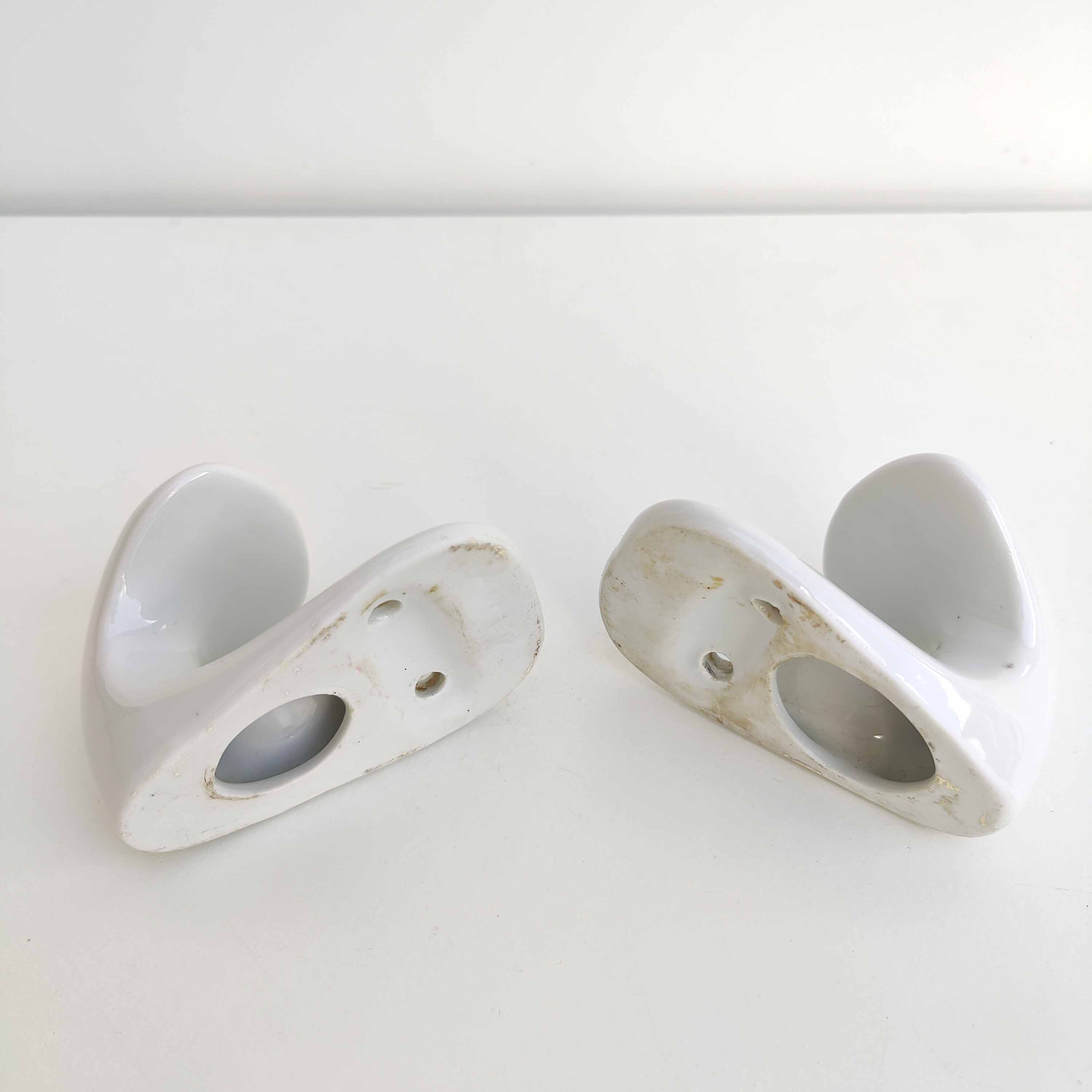Pair of bathroom hooks or kitchen in white ceramic 1950
