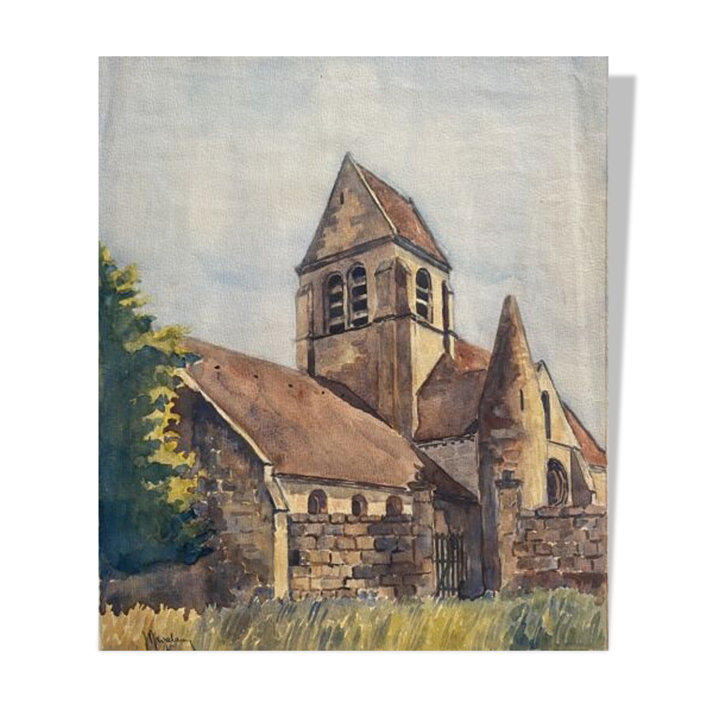 Painting "church of villers-helon" (aisne) jean-francois devaliere (1926-2021)