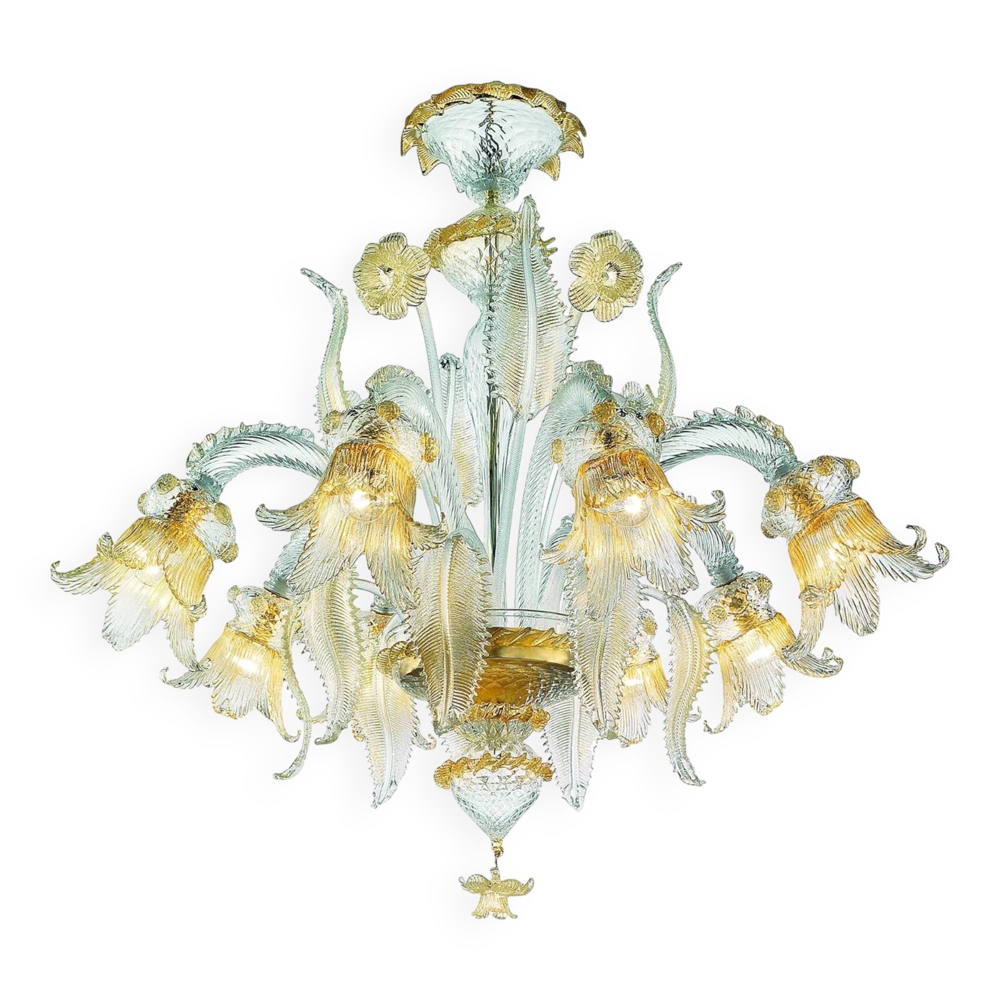 Ornate Clear and Gold-Leaf Murano Glass Floral Chandelier — Italian Design