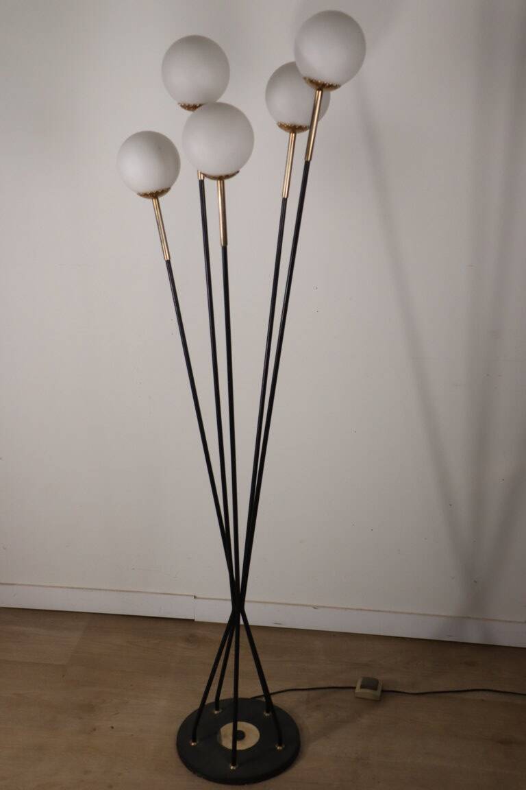 Vintage Arlus floor lamp in black lacquered metal and opaline globes, 1960