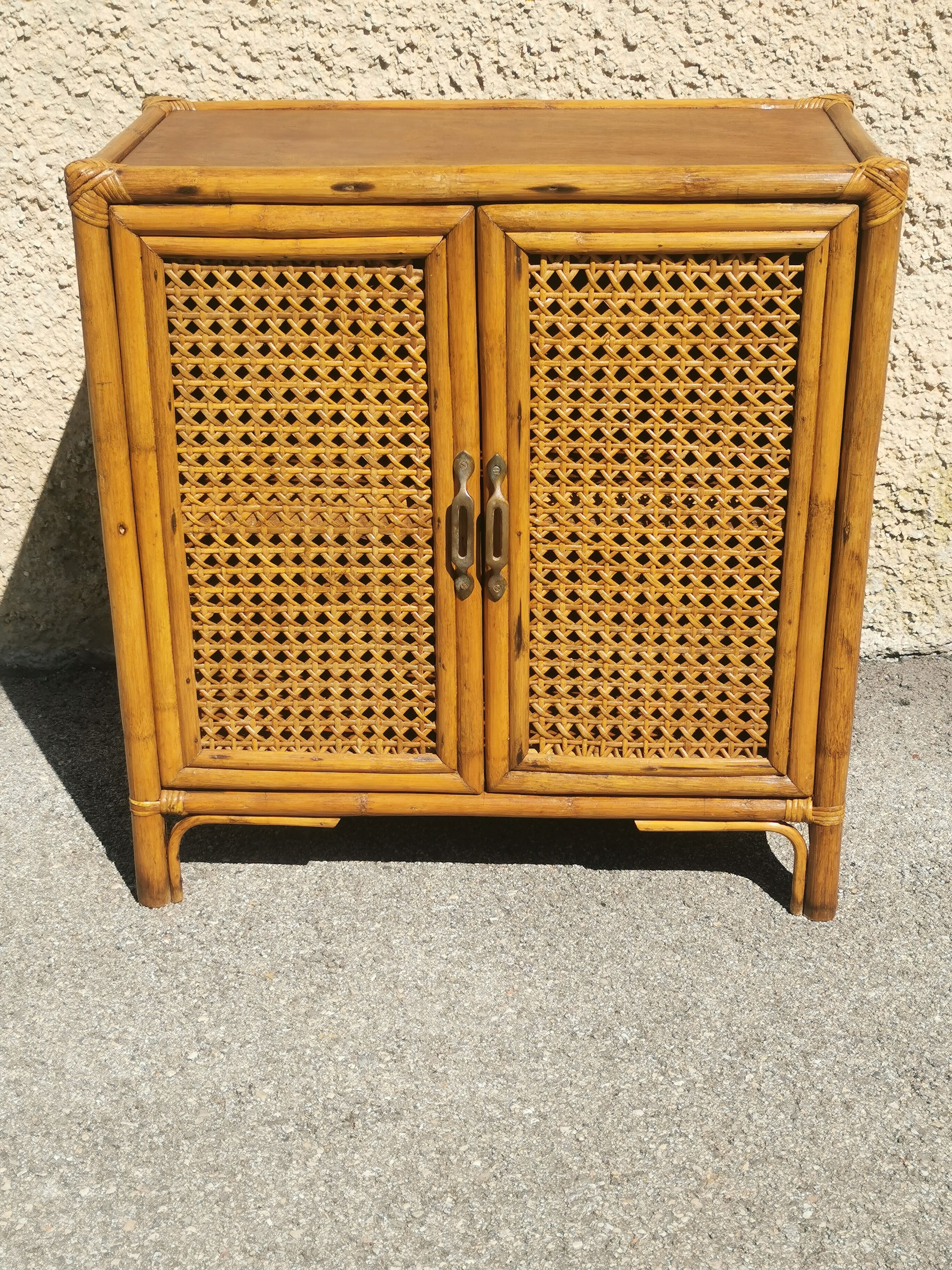 Vintage wood and rattan chest of drawers
