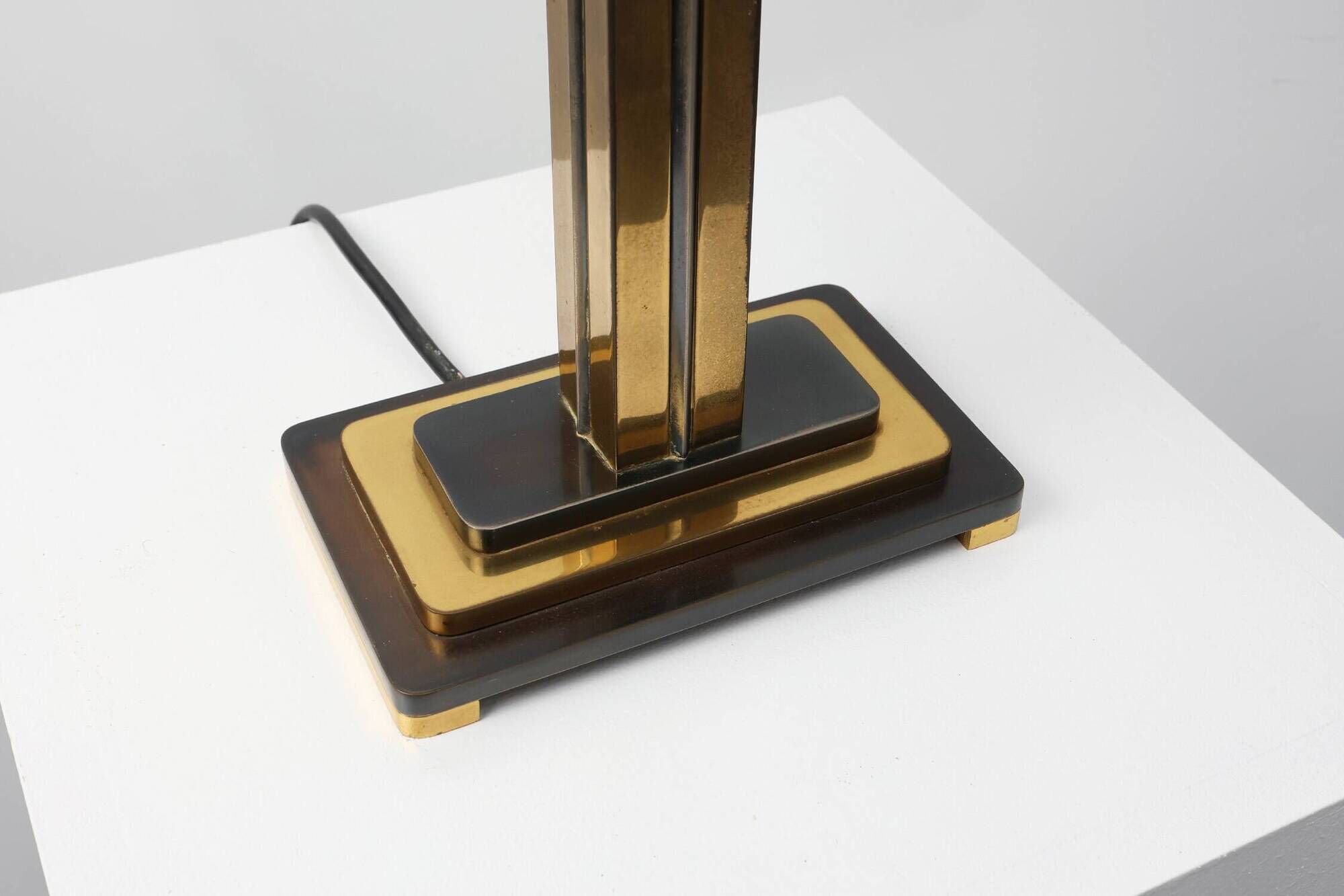 Brass table lamp with black rectangular shade by Deknudt, Belgium, 1970s