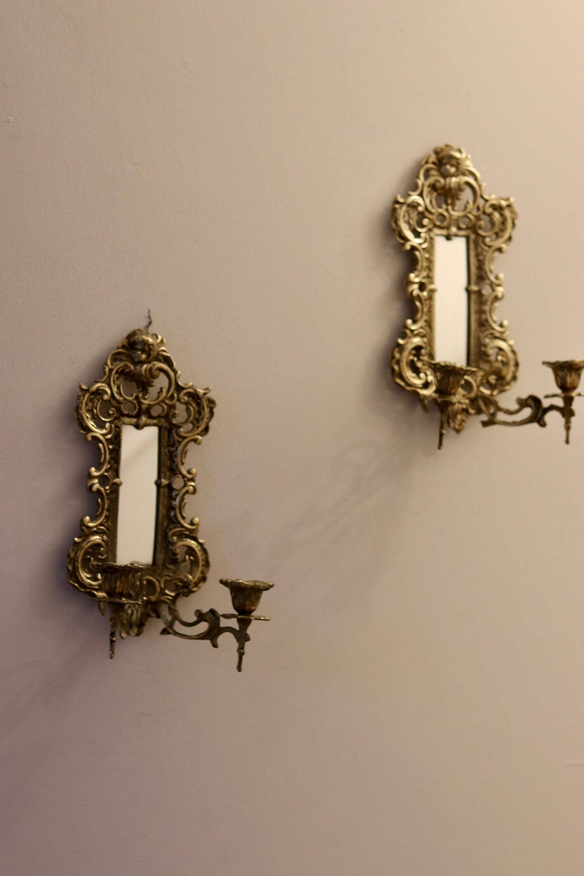 Pair of Antique Brass Wall Sconces with Mirror