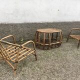 Paire de fauteuil en rotin et sa table ovale vintage