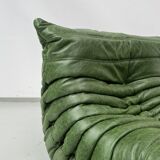 Togo 3-Sofa in Green leather attributed to Michel Ducaroy for Ligne Roset