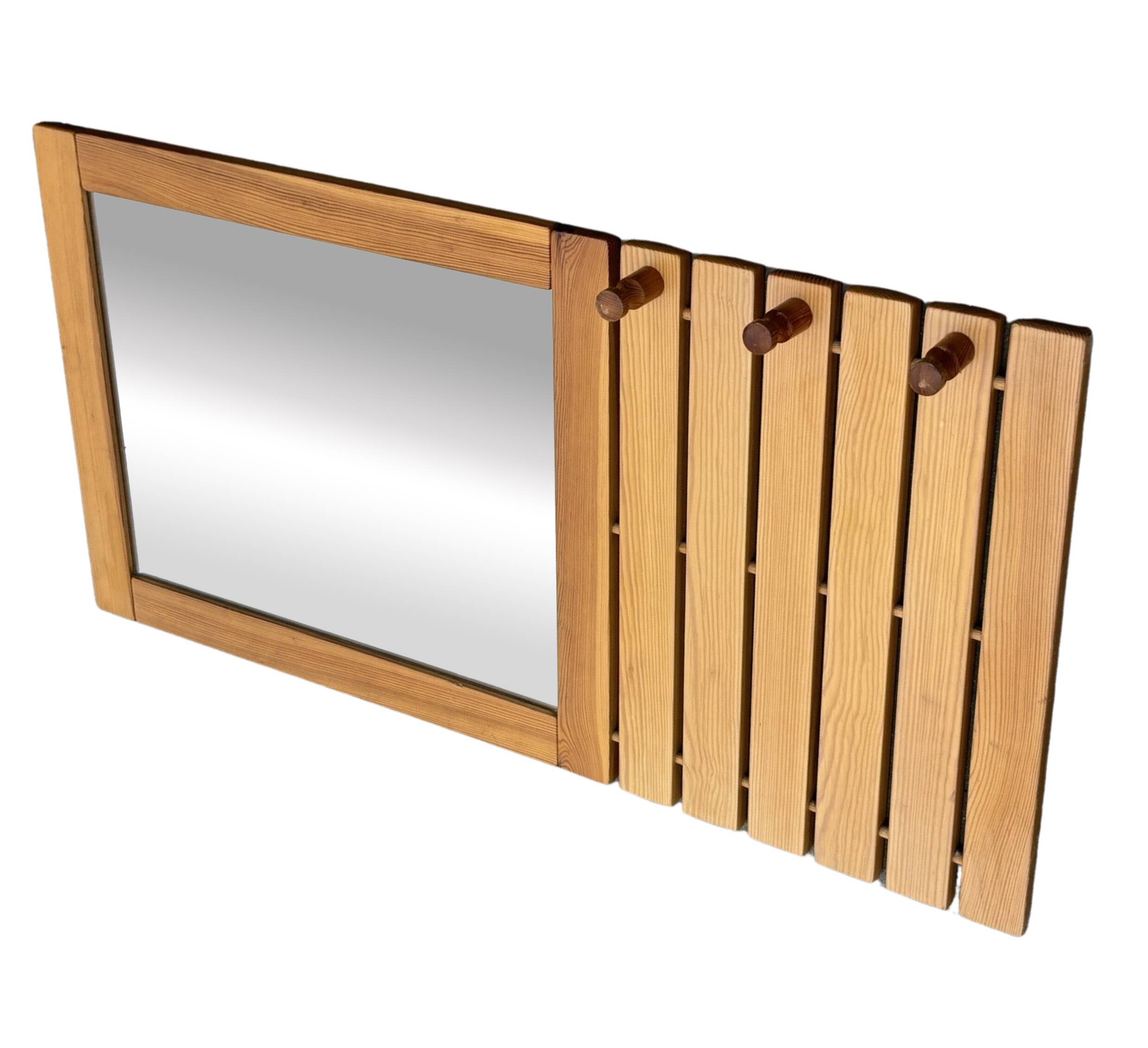 Vintage Pine Pinewood coat rack with mirror - 1970s design