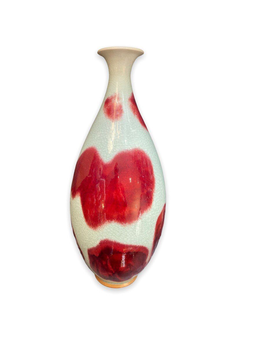 Large baluster vase in Chinese cracked ceramic Pigeon blood and celadon
