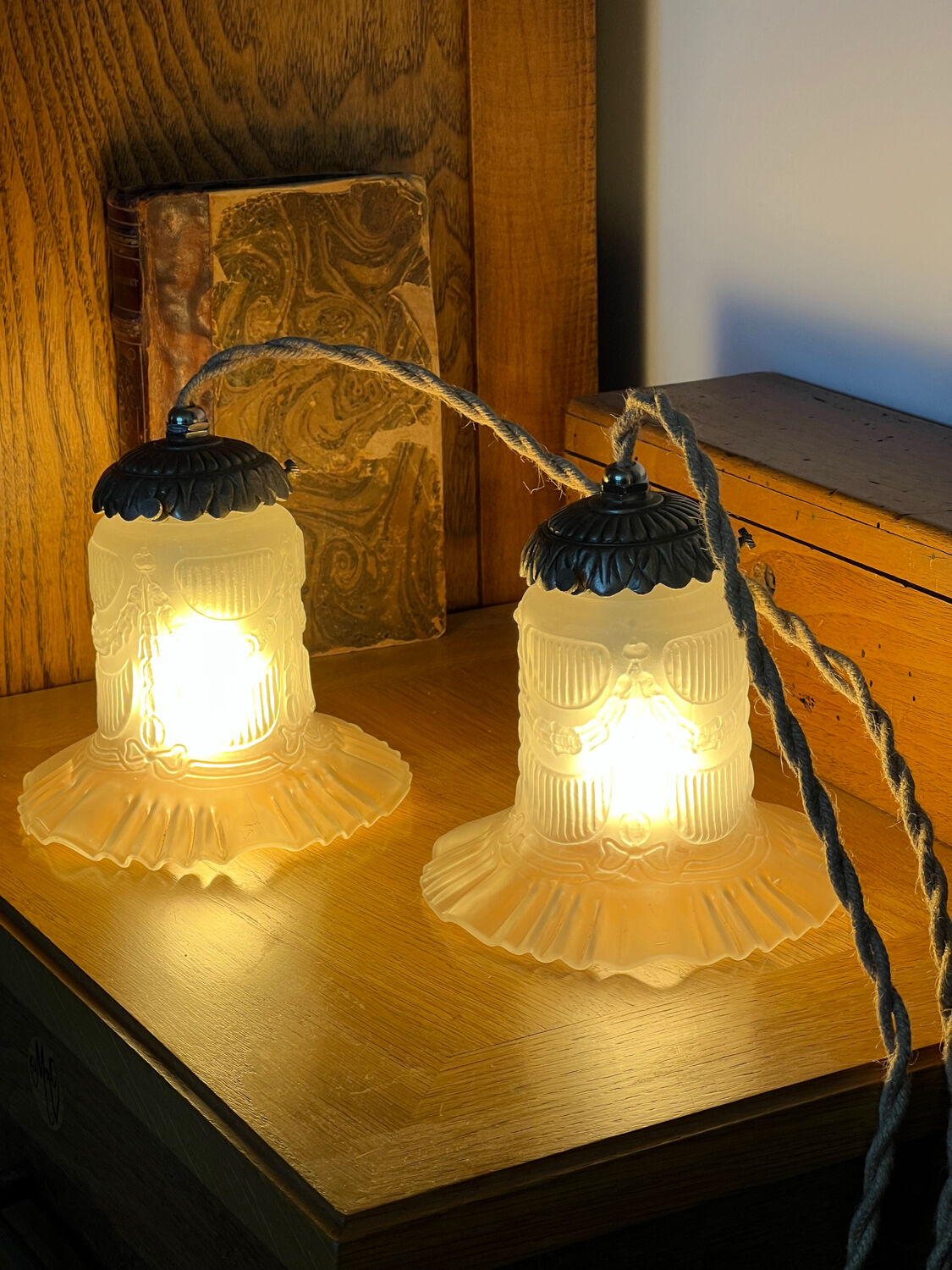 Pair of Art Deco lamps with boxwood hooks