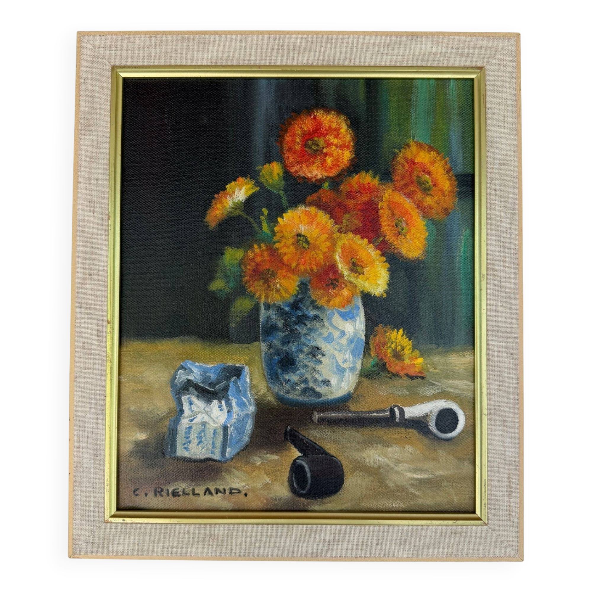 Vintage still life with flowers and pipes – Oil on canvas signed C. Riella