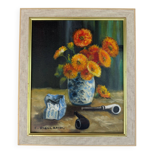 Nature morte vintage aux fleurs et pipes – Huile sur toile signée C. Riella