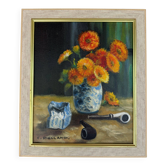 Vintage still life with flowers and pipes – Oil on canvas signed C. Riella
