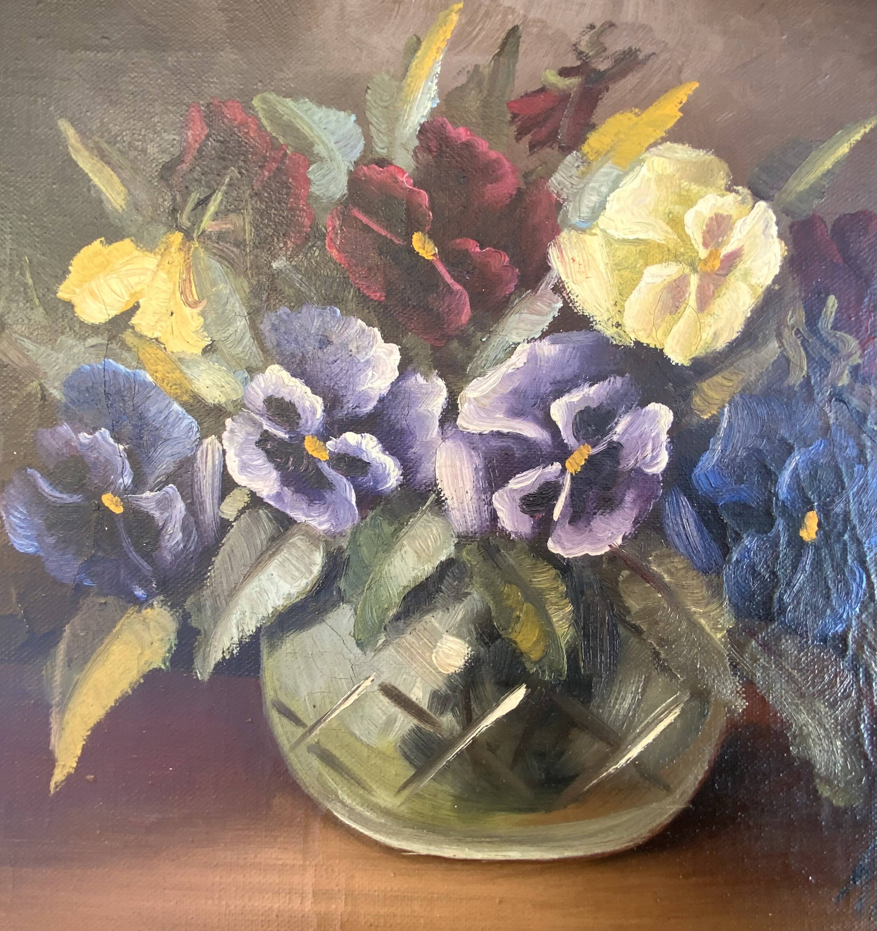 Vintage Art deco Still life with flowers Oil Paintingby A.Haaning, Denmark