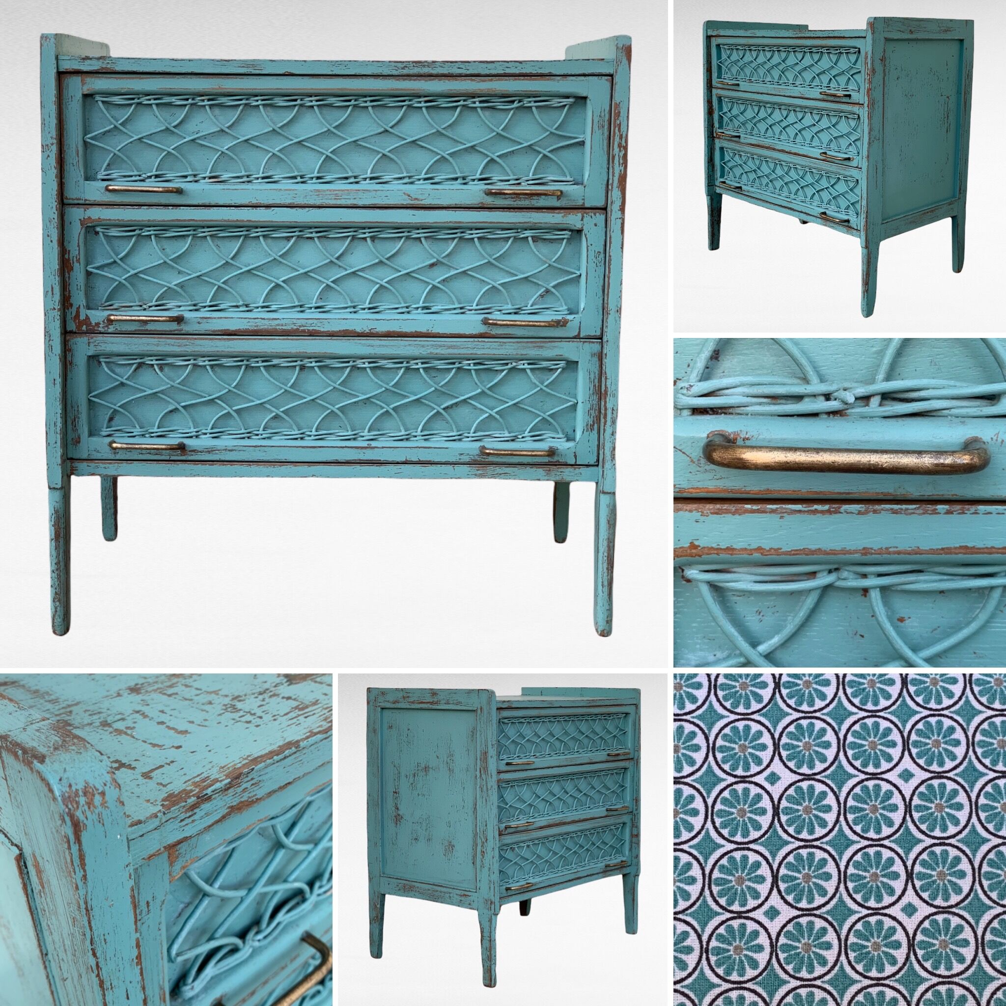 Vintage chest of drawers wood and rattan patina turquoise 1950
