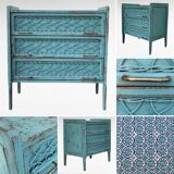 Vintage chest of drawers wood and rattan patina turquoise 1950