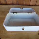 Vintage bread box - white enamel and brass - retro