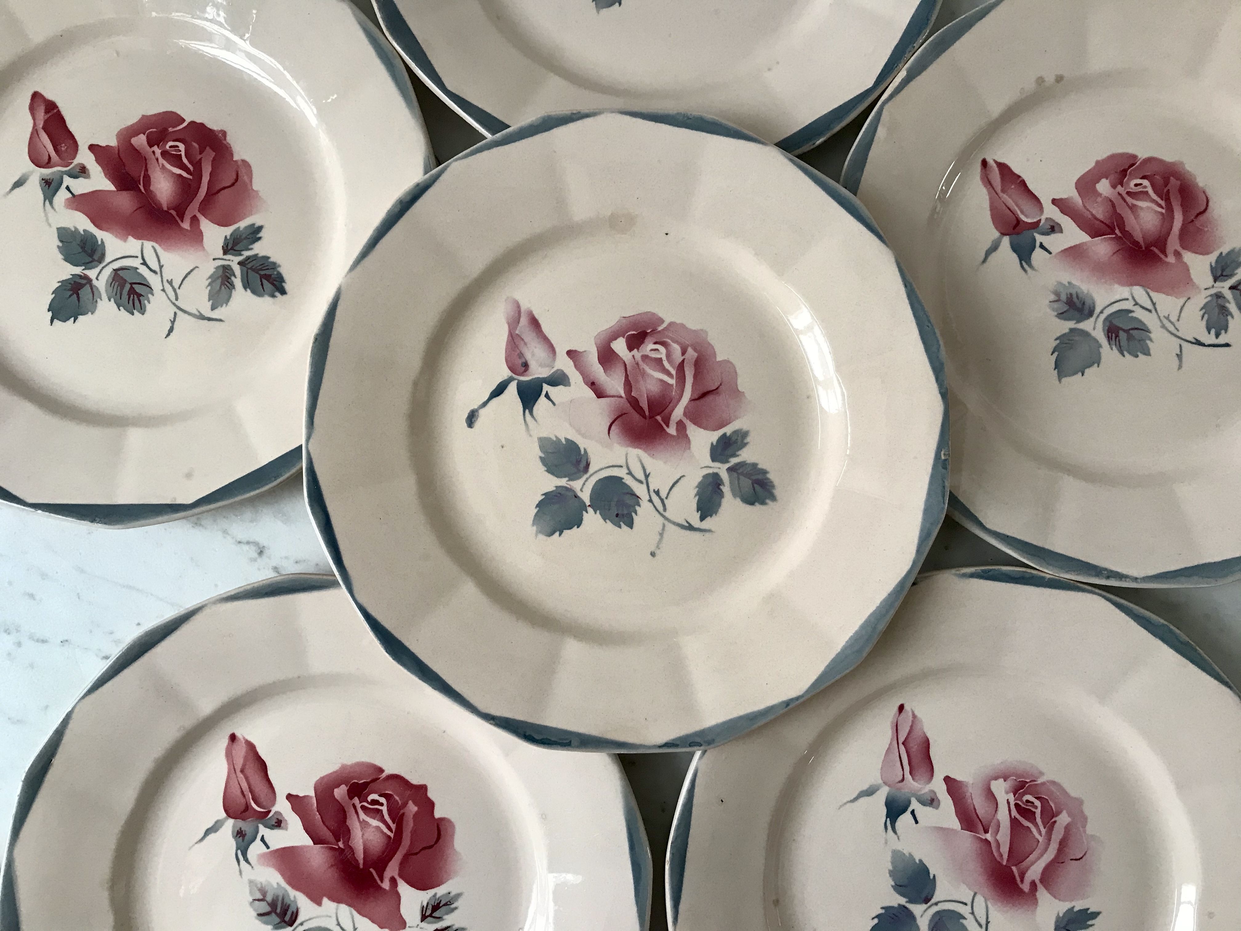 Set of 6 flat plates Digoin Sarreguemines pink and blue flowers 40s