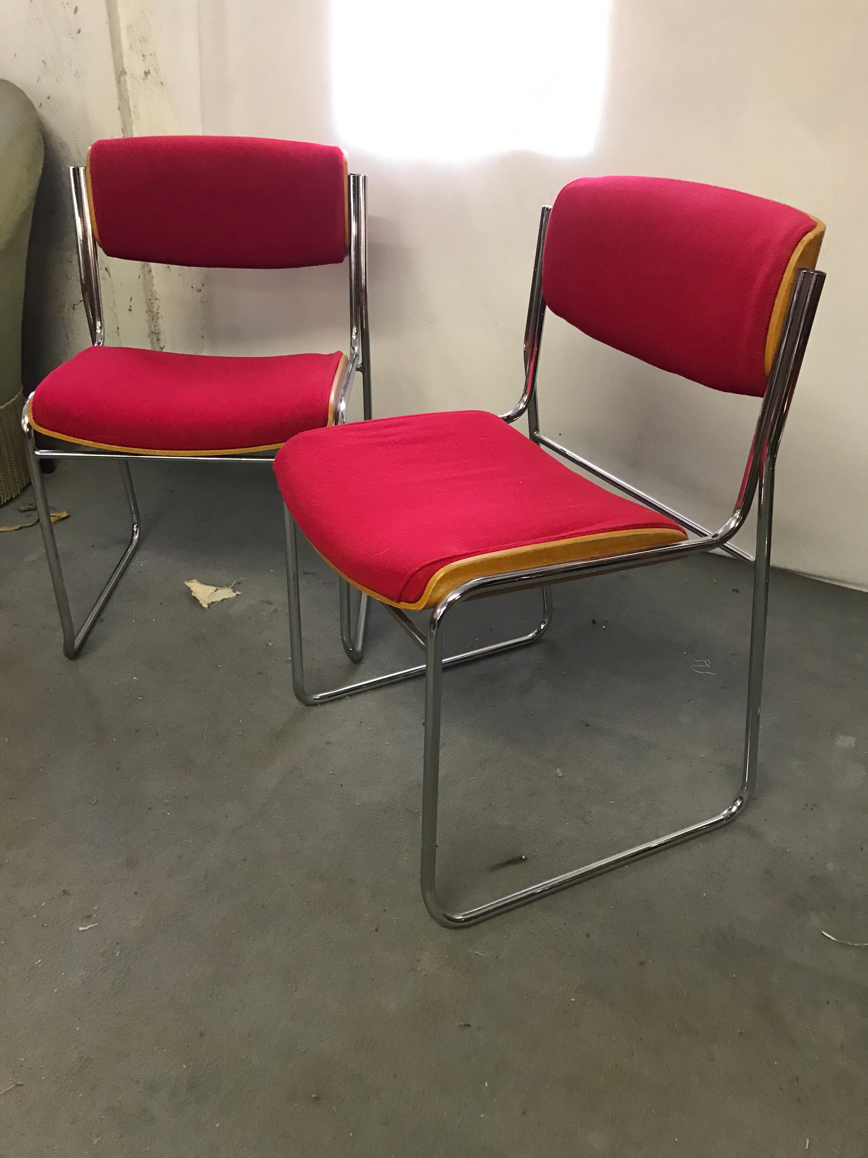 6 chrome chairs wood and red wool