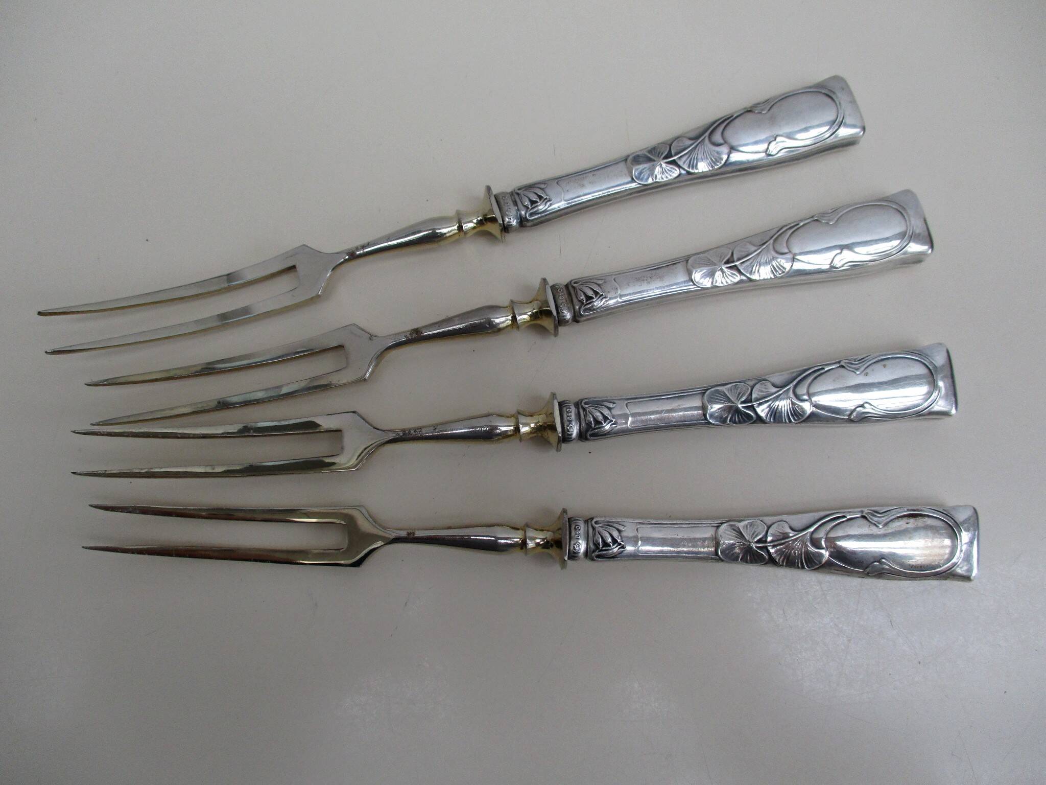 serving forks silver handles germany origin -box of- 4 art nouveau