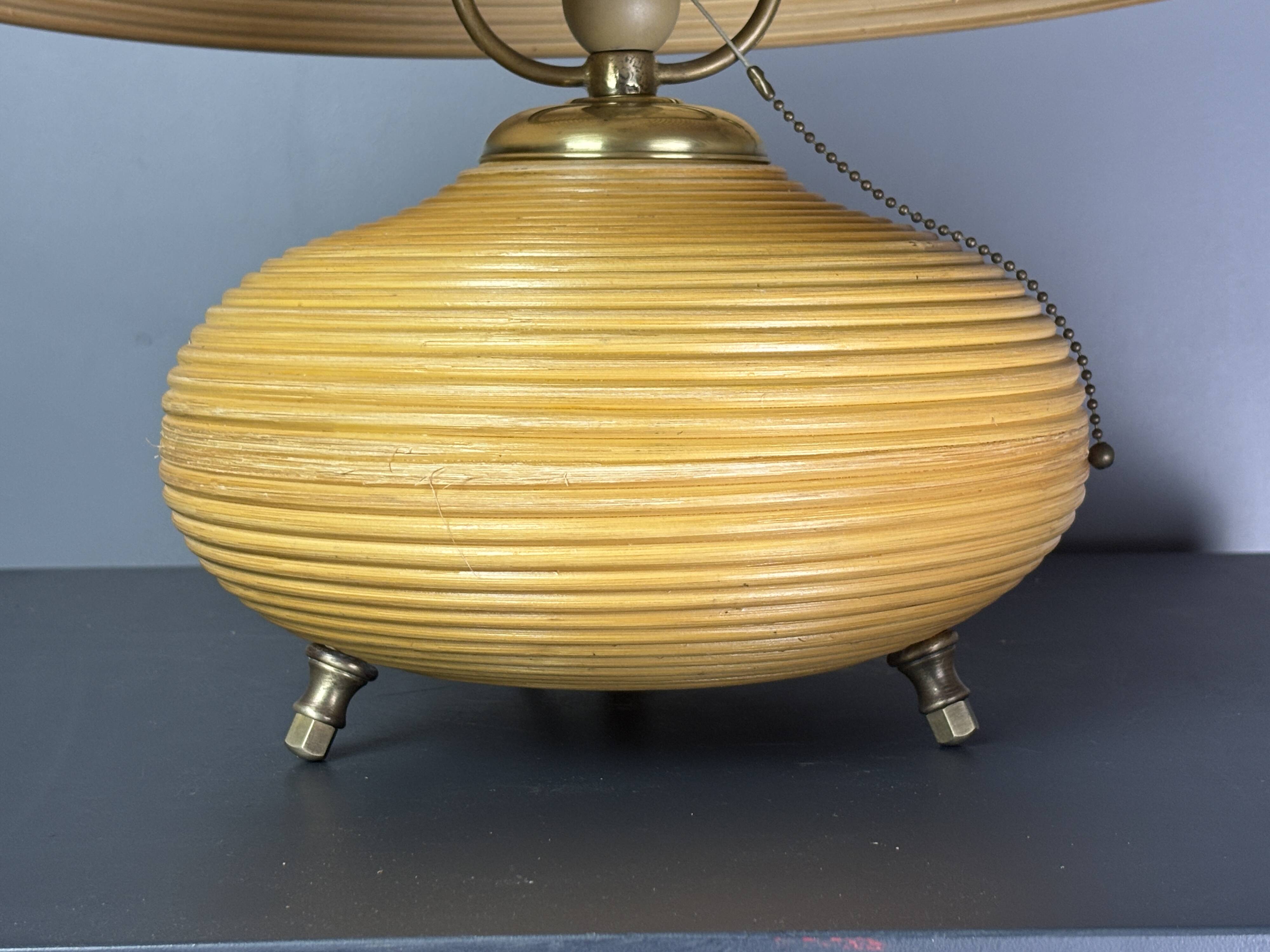 Pencil Reed Rattan Bamboo and Brass Mushroom Table Lamp, Italy, 1970s