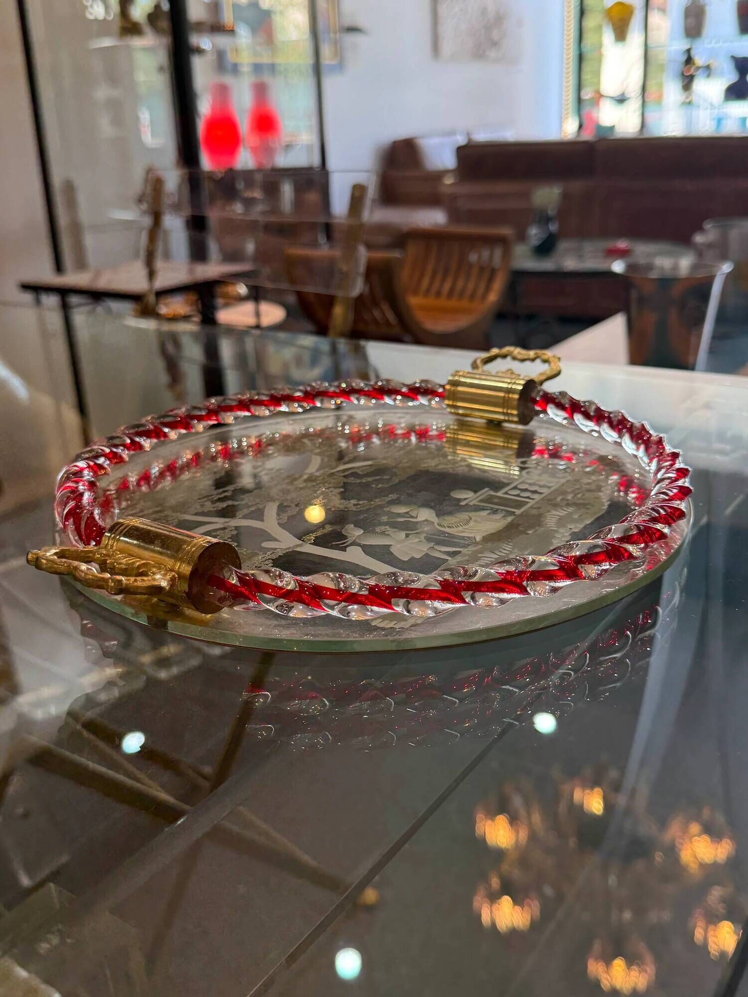 Engraved mirror plateau with twisted red and white glass border, Murano / Venice (c. 1940–1950)