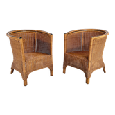 Pair of cabriolet armchairs in wicker and black edging