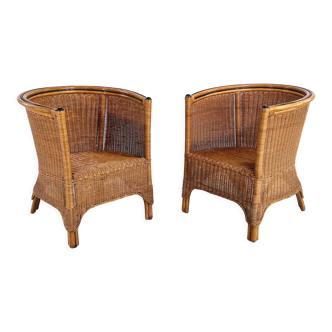 Pair of cabriolet armchairs in wicker and black edging