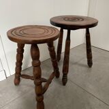 Set of two tripod stools in turned wood