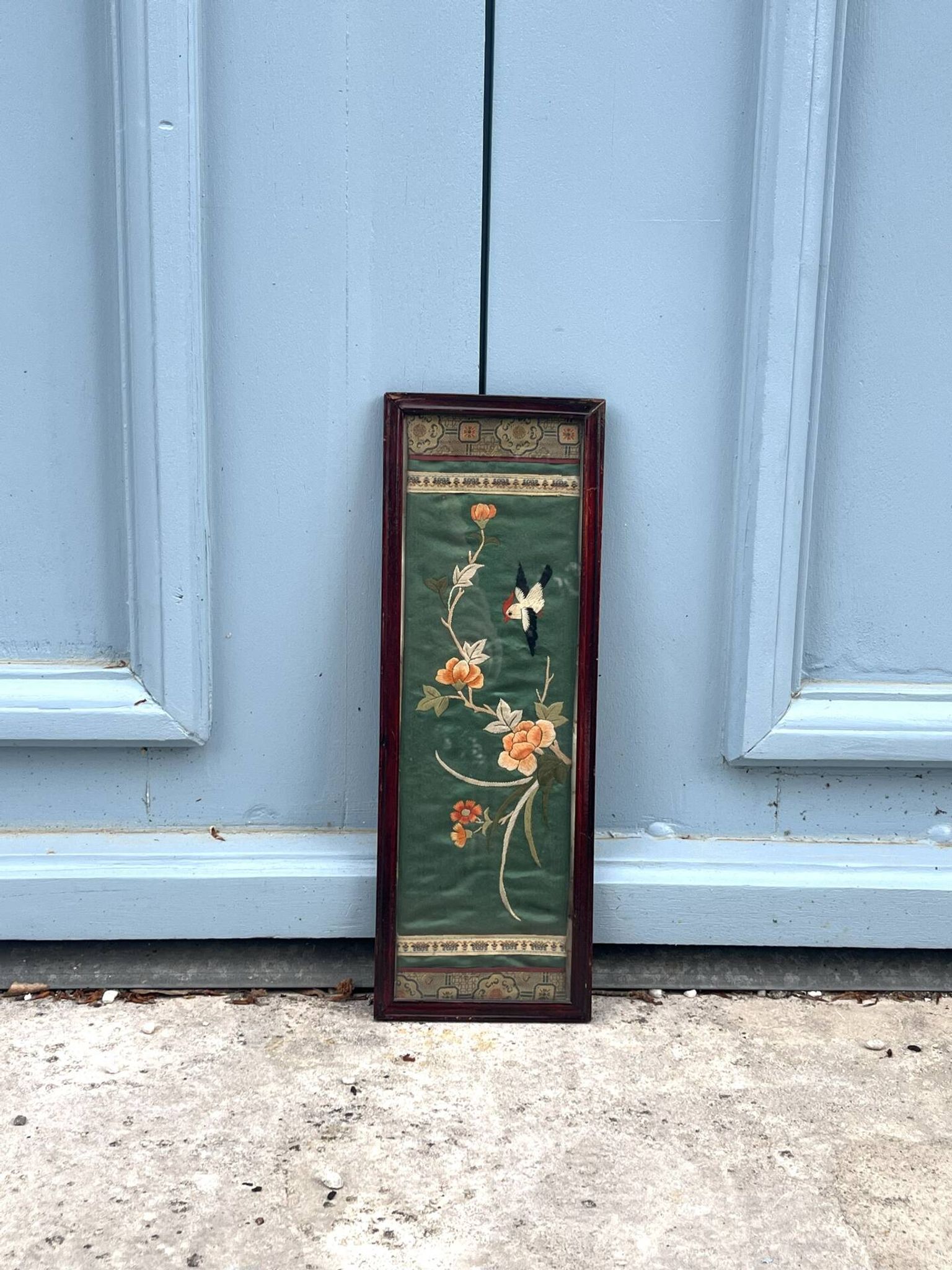Framed Chinese Silk Embroidery Panel with Bird and Blossoms