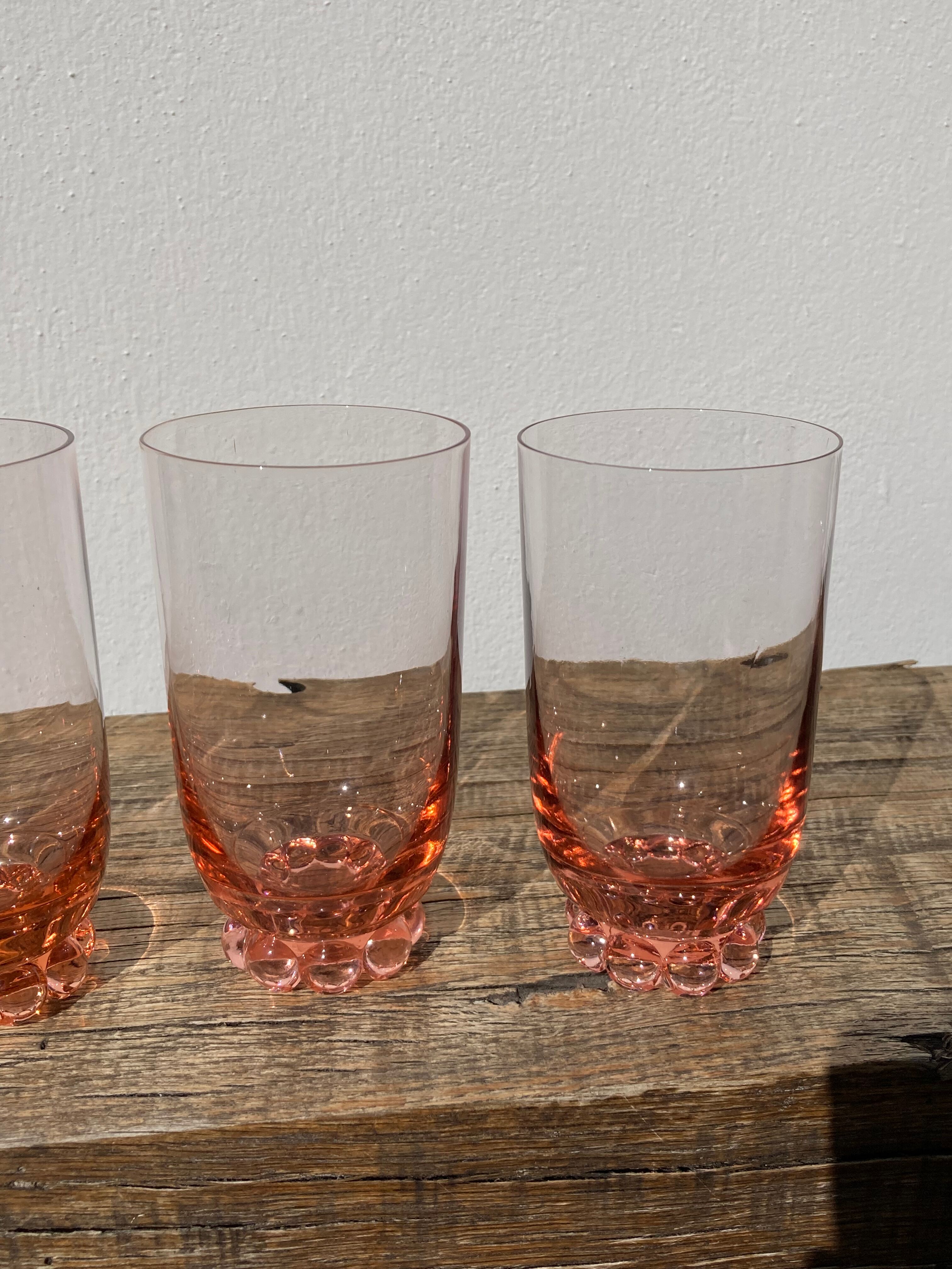 6 old pink crystal water glasses with balls
