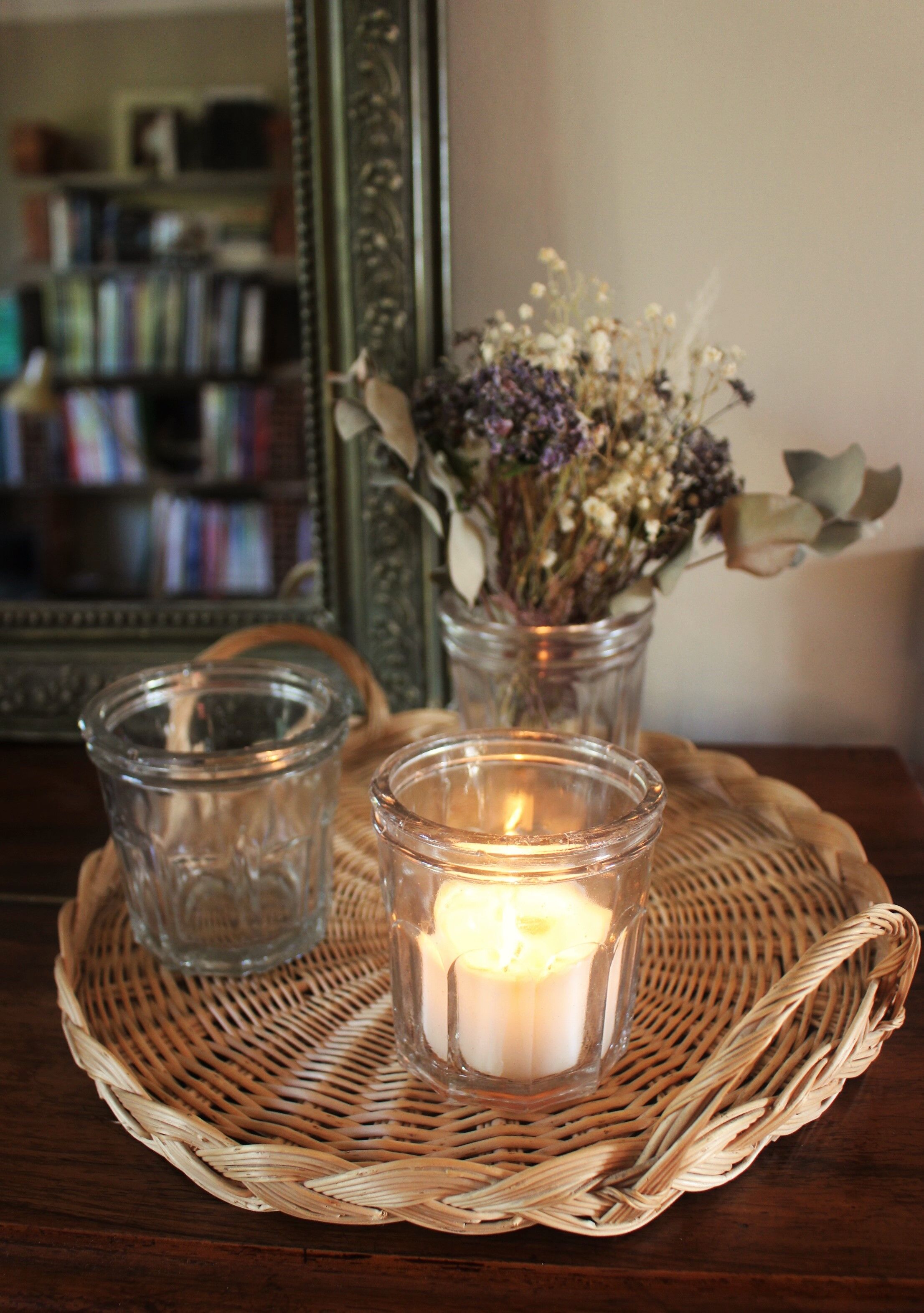 Two vintage handles wicker round tray