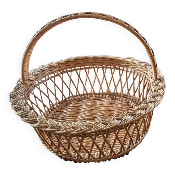 Panier en osier tressé vintage années 70 avec anse