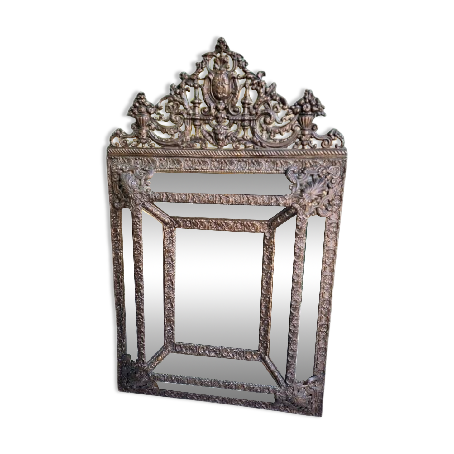 Louis xvi style repousse brass mirror with glass beads