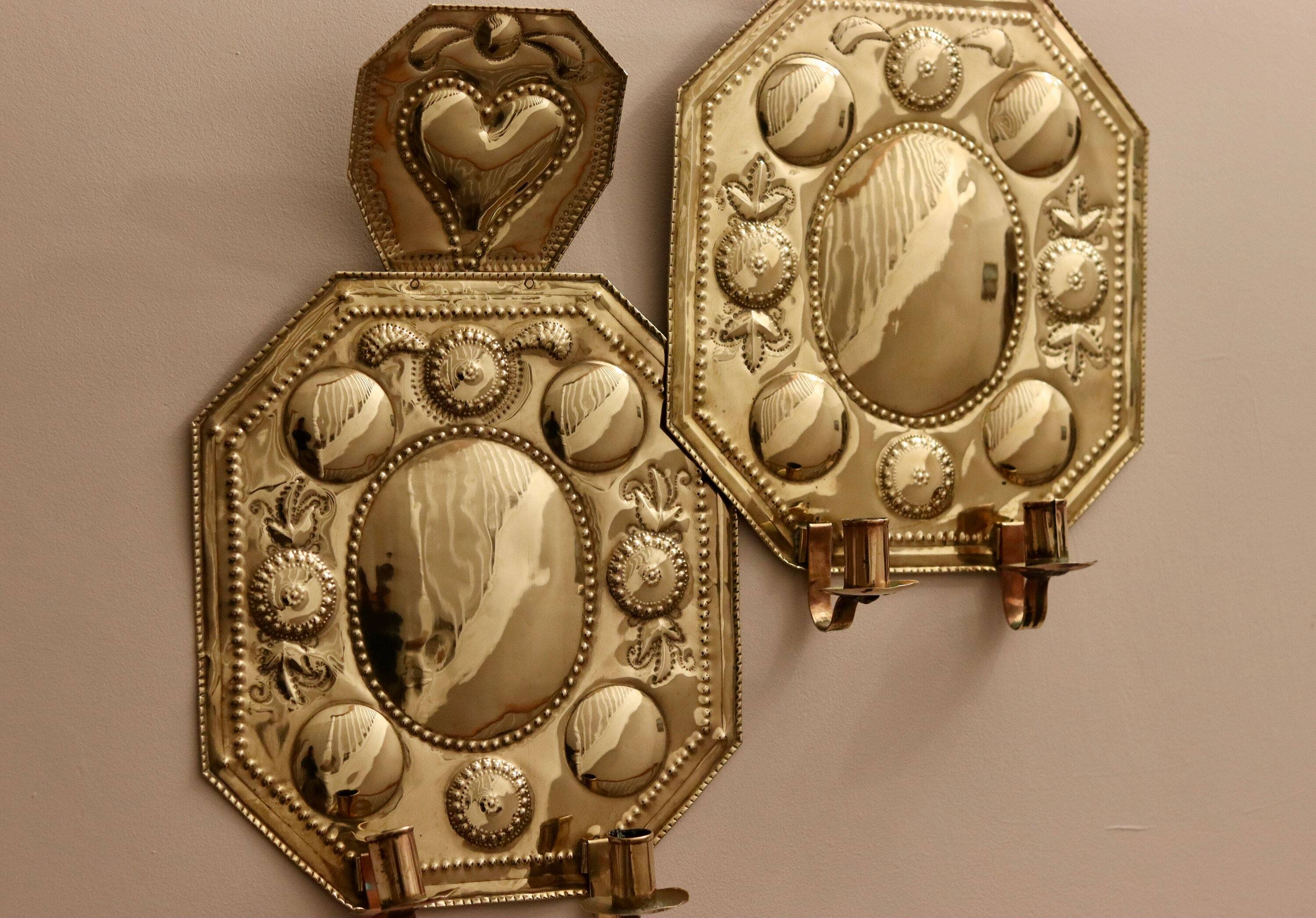 Pair of Large Early-Century Sweden Brass Sconces